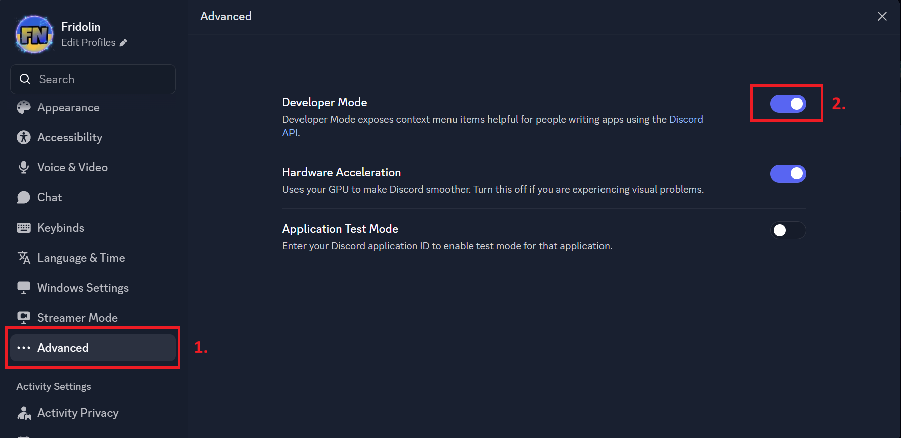 A screenshot of the Discord user settings page "Advanced"