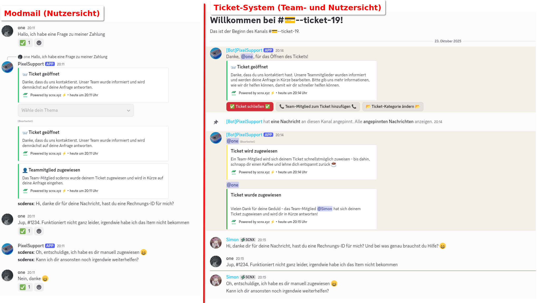 Screenshot, der die Modmail-Funktion rechts aus Benutzersicht und das Ticket-System links zeigt
