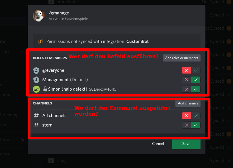 Command-Einstellungen, zeigt das Berechtigungskonfigurationsmenü zur Einstellung von Kanälen, Rollen und Benutzern