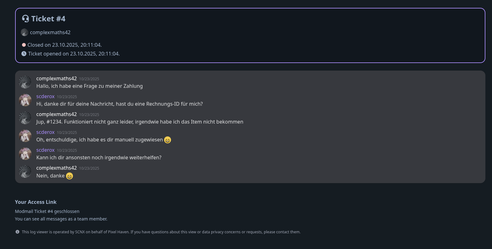Screenshot, der ein Ticket in unserem webbasierten Ticket-Log-Viewer zeigt