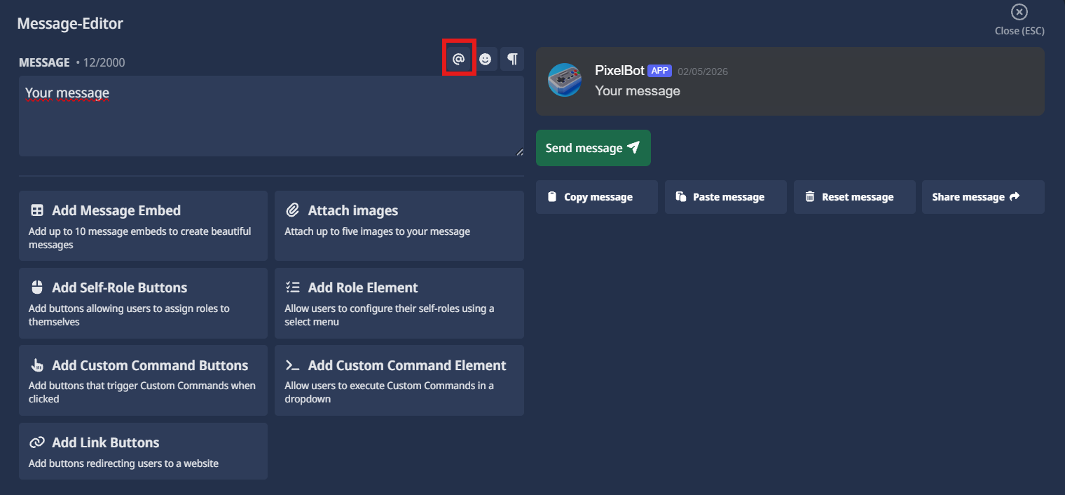 SCNX Message Editor Erwähnungs-Button