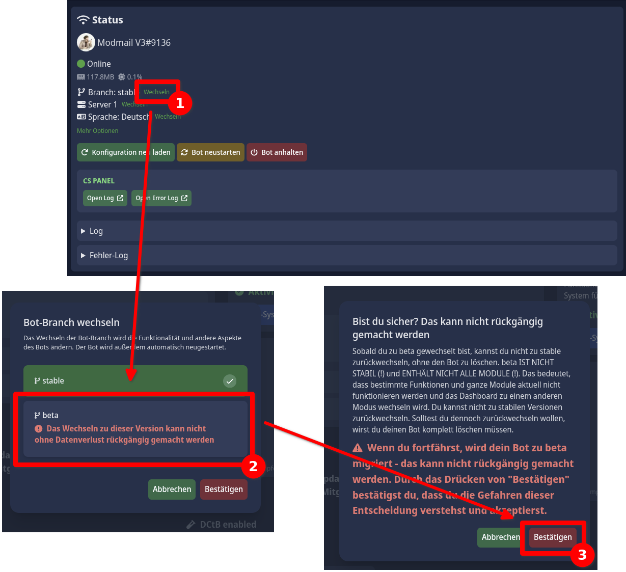 Screenshot, der zeigt, wie man auf die Beta-Version wechselt