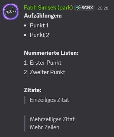 Ein Screenshot mit Beispielen für Aufzählungen, nummerierte Listen und Zitate