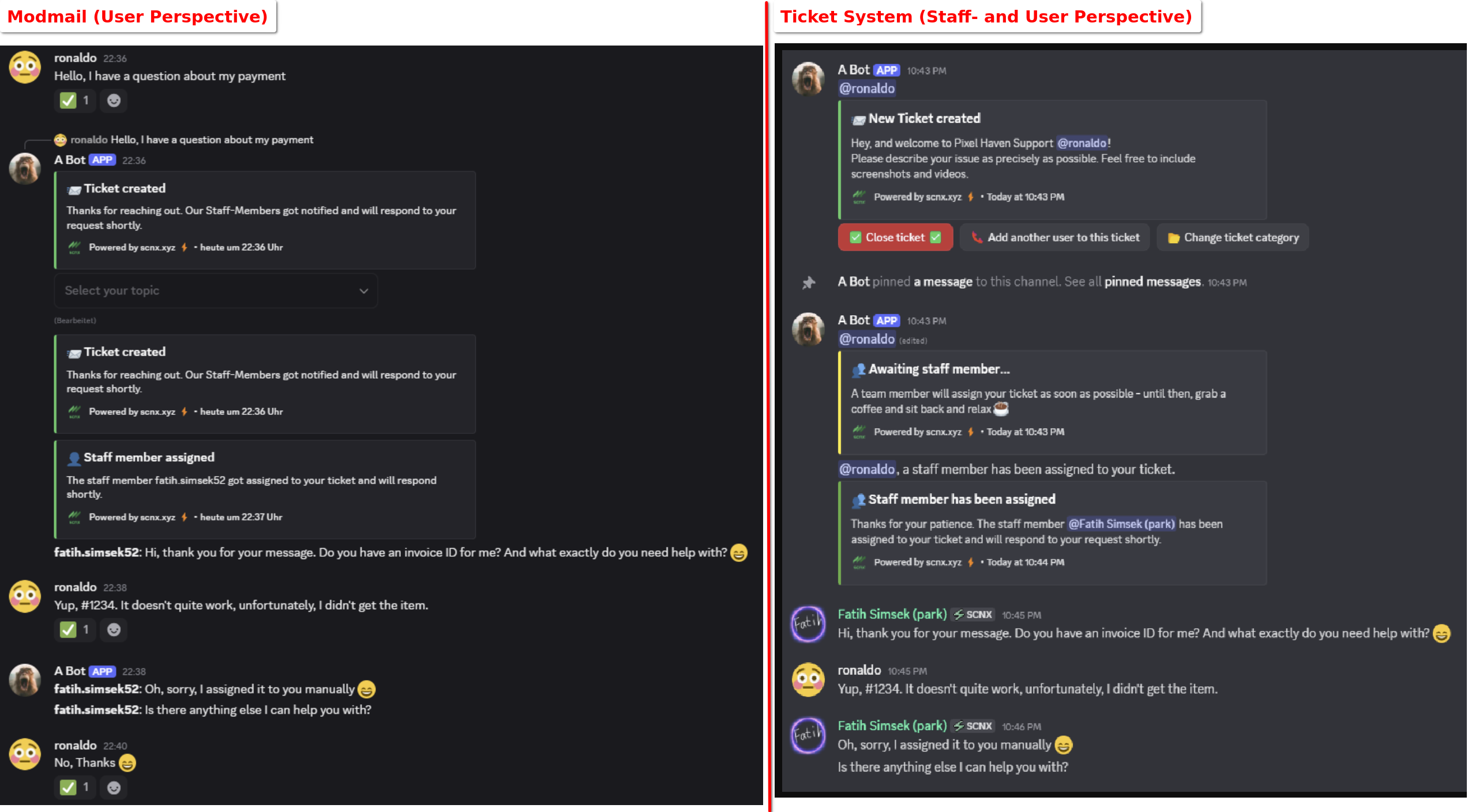 Screenshot che mostra la funzione Modmail a destra dal punto di vista dell'utente e il sistema di ticket a sinistra