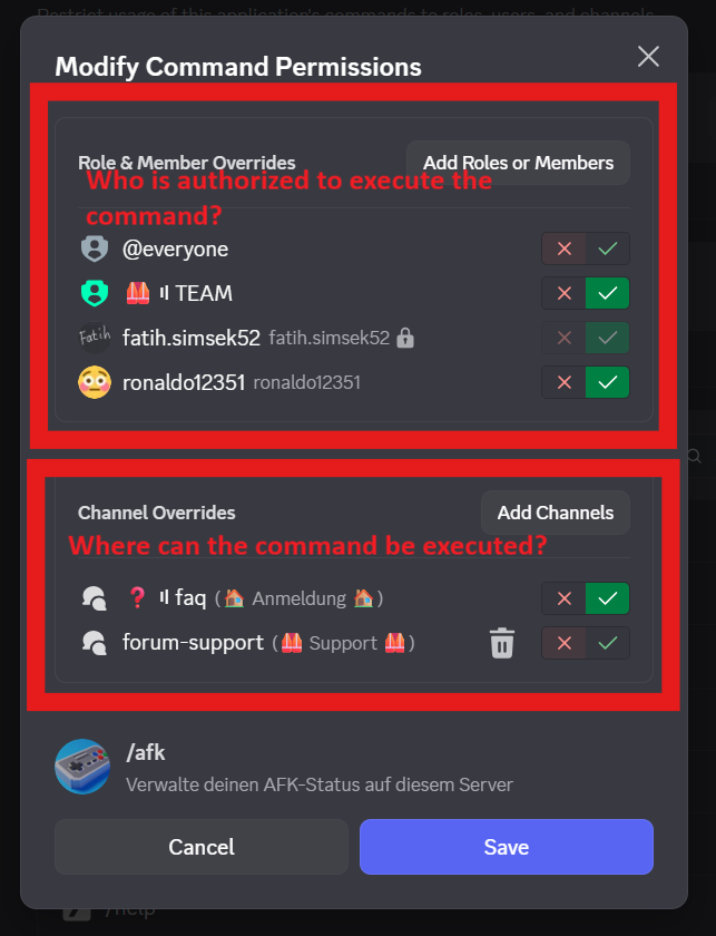 Command Settings, showing the permissions configuration menu on how to configure channels, roles, and users