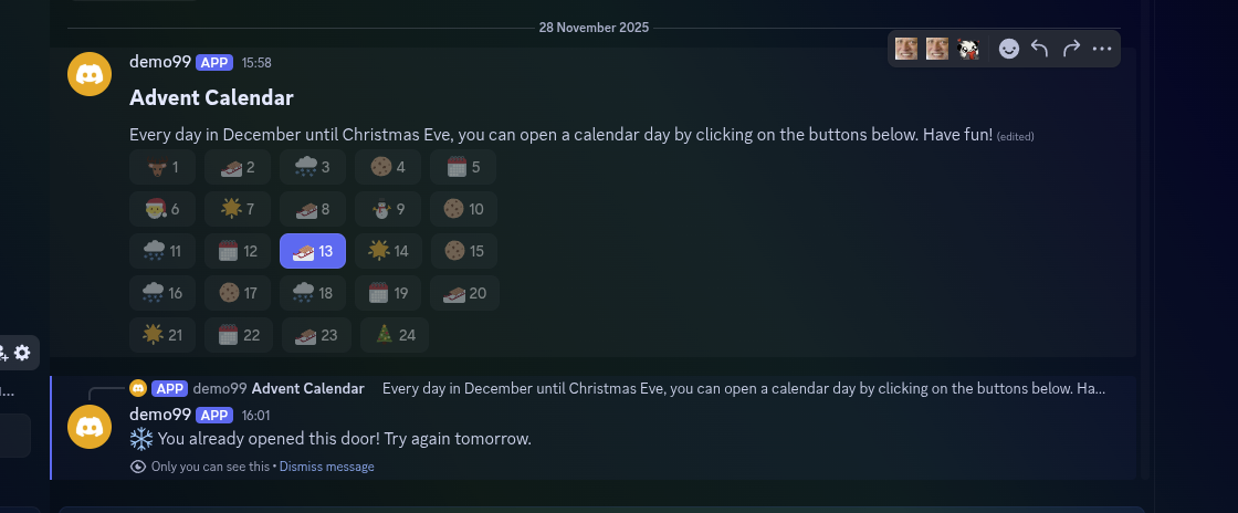Screenshot showing the advent calendar message in Discord