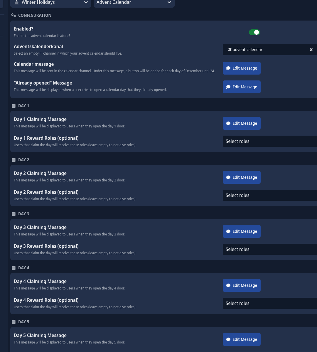 Screenshot showing the configuration options of the module "Winter Holidays" on scnx.app