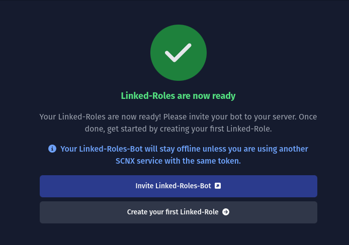 This screenshot shows the success message after setup
